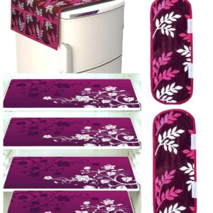 Kitchen Combo Fridge Top Cover, 2 Piece Fridge Handle Cover, 4 Pcs Fridge Mats, (Set of 7 Piece) (WINE LEAF 142)