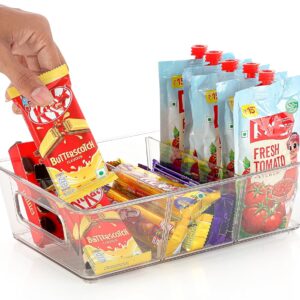 Fridge Storage Boxes Organizer Bins, 3 Partition Stackable Fridge Storage Basket, Plastic Freezer Storage Containers for Fish, Meat, Vegetables, Fruits (Pack of 2, Transparent)