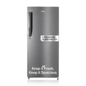 Haier 190L 5 Star Direct Cool Single Door Refrigerator | 3 Toughened Glass Shelves | Fast Ice Making in Just 60 minutes | Large Veg Box| Easy Clean Back (HED-205DS-P, Dazzle Steel)