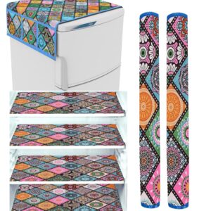Kitchen Combo Fridge Top Cover, 2 Piece Fridge Handle Cover, 4 Pcs Fridge Mats, (Set of 7 Piece) (RANGOLI 142)