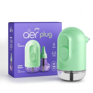 Godrej aer Plug Electric Air Freshener (Machine + 2 Refills (20Ml each) | Violet Bloom | Lasts up to 120 days,Solid