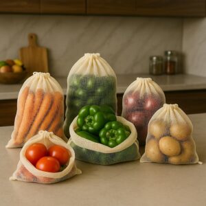 HomeStrap Set of 6 Reusable Drawstring Mesh Vegetable Storage Bags|Multi-Size Fridge Organizer for Vegetables,Fruits & Pantry Essentials|Breathable,Eco-Friendly & Durable|Kitchen & Refrigerator Use
